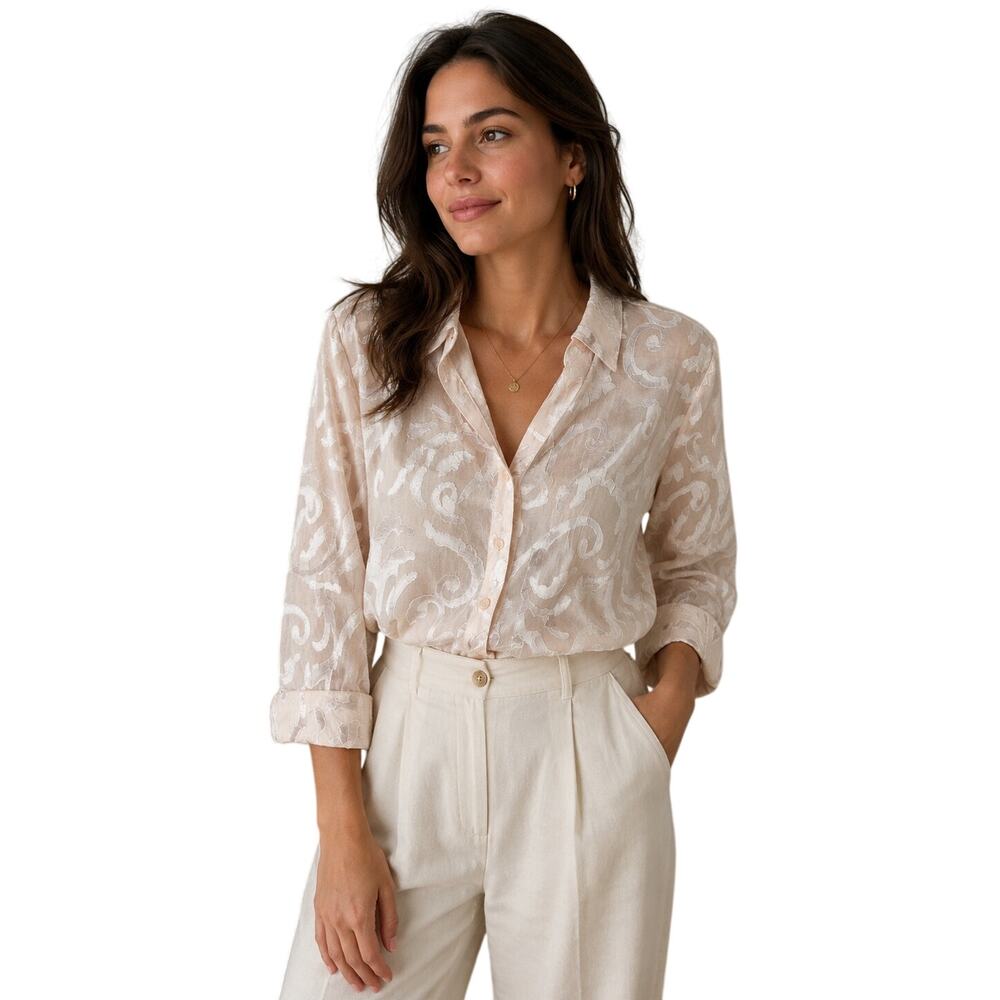 Coldwater Creek Blush Pink Sheer Floral Burnout Button Up Blouse Women’s Vintage